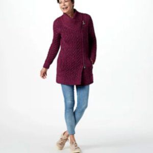 NEW Aran Craft Regular Merino Wool Asymmetric Zip Front Sweater,Dark Magenta,XXS